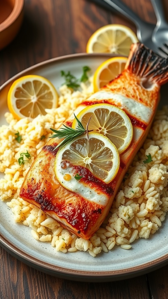 Pan-seared branzino on cauliflower rice, garnished with lemon slices and herbs, on a rustic table.